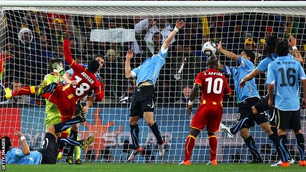 Luis Suarez's last-minute handball on the line was eventually rewarded as Ghana missed the resulting spot kick and lost on penalties in the 2010 World Cup quarter-finals