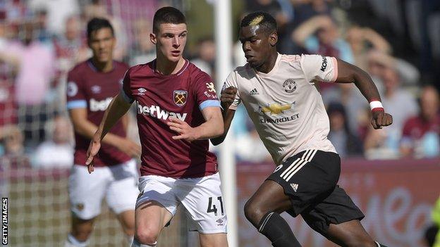 West Ham defensive midfielder Declan Rice shields the ball from Manchester United's Paul Pogba