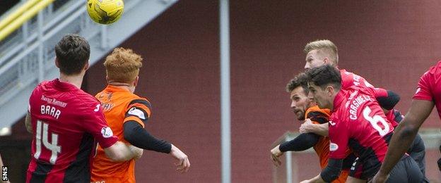 Tony Andreu (partially hidden) heads home Dundee United's first goal