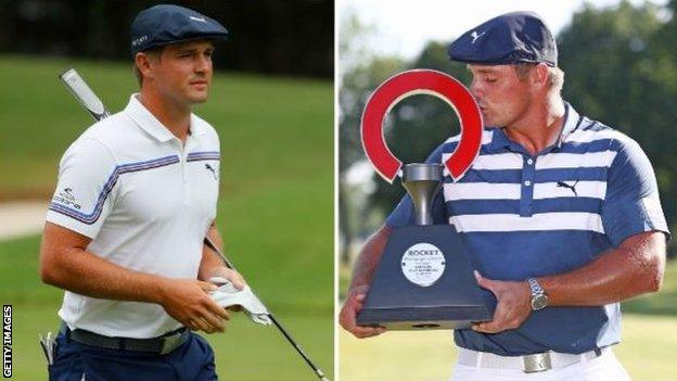 DeChambeau on the left in August 2019 and on the right winning the Rocket Mortgage Classic in July, his sixth PGA Tour title