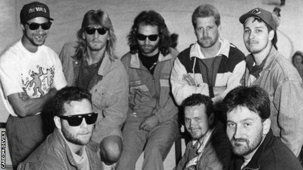 Cardiff Devils 1990 squad members. Back row R to L: Robbie Morris, Ian Cooper, Jeff Smith, Brian Kanewischer (manager), Doug McEwan. Front row R to L: John Lawless, John Burnicle, Paul Farmer.