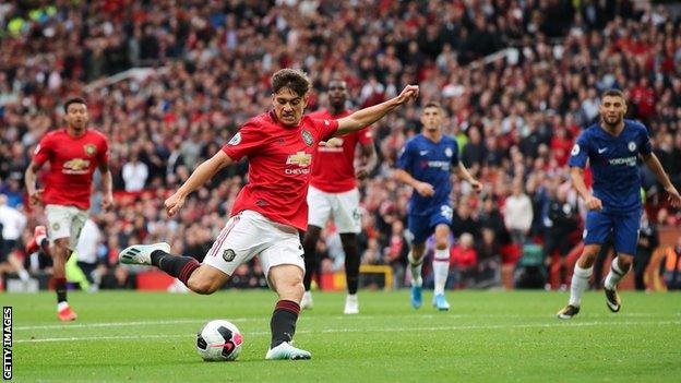 Daniel James scores for Manchester United against Chelsea in August 2019