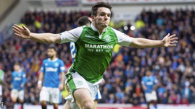 Hibernian midfielder John McGinn celebrates scoring against Rangers