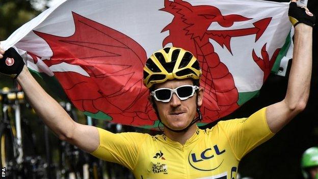 Geraint Thomas with the Wales flag