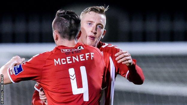 Aaron McEneff (4) with Ronan Curtis, who scored his first goal of the season