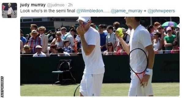 Judy Murray's tweet about Jamie Murray's doubles win