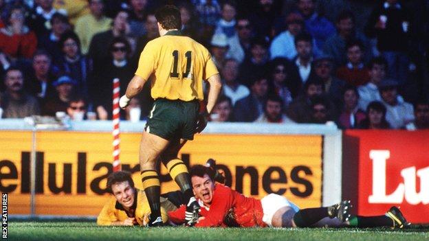 David Campese could only watch as Ieuan Evans pounced to score the winning try for the Lions in 1989