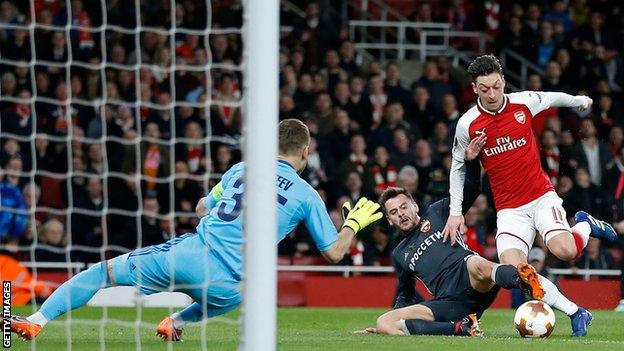 Arsenal's Mesut Ozil in action against CSKA Moscow in the Europa League