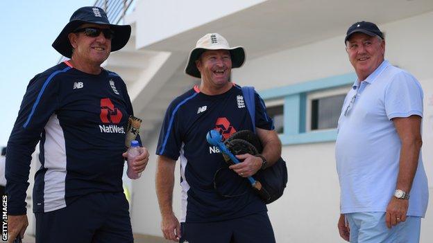 Former England head coach Trevor Bayliss and assistant coach Paul Farbrace with Steve Bruce