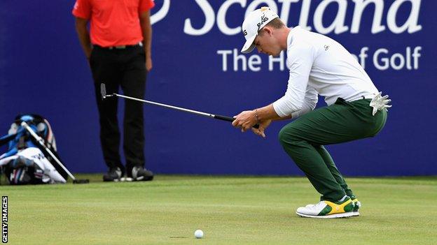 Brandon Stone reacts after missing a birdie on the 18th