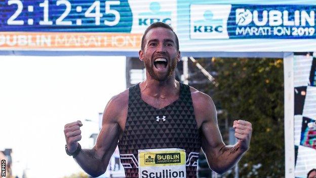 Stephen Scullion celebrates after his second place at last year's Dublin Marathon