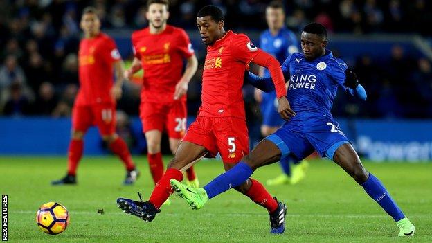 Wilfred Ndidi tackles Georginio Wijnaldum