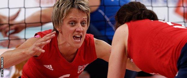 Emma Wiggs (left) in action for Team GB in sitting volleyball at London 2012