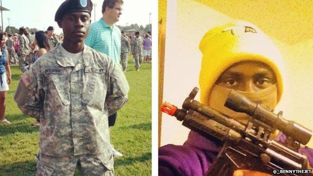 Two pictures of the same person, one in a smart army uniform, another pretending to be a gangster holding a toy gun.