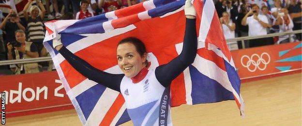 Victoria Pendleton celebrates winning Olympic gold at London 2012.