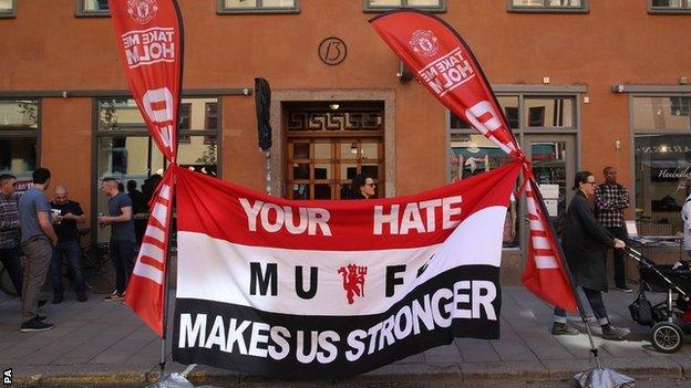 A Manchester United banner in the Rorstrandsgatan fan zone prior the Europa League Final