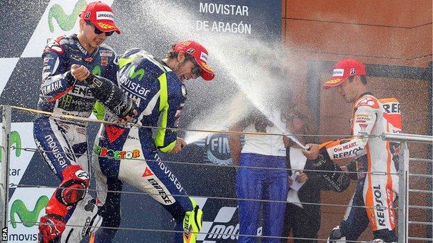 Jorge Lorenzo (left), Valentino Rossi (centre) and Dani Pedrosa