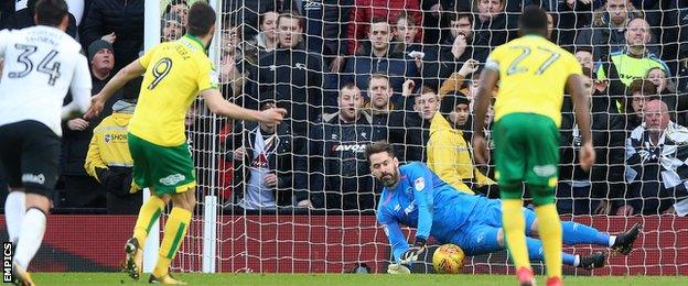 Scott Carson saves Nelson Oliveira's penalty