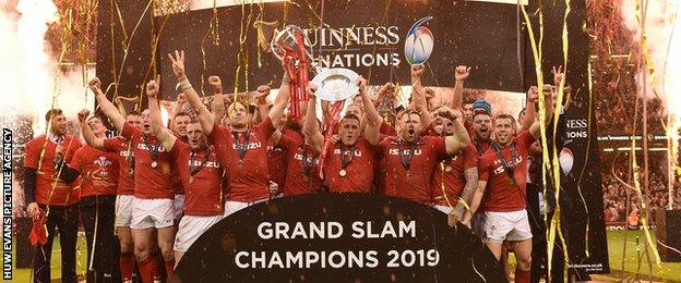 Wales lift the 2019 Six Nations Championship trophy