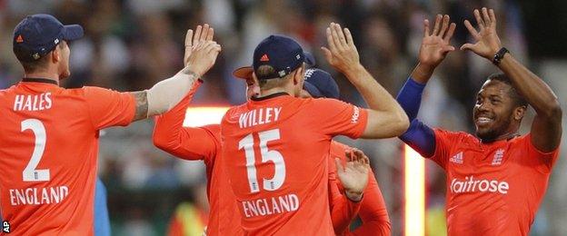 England celebrate a wicket