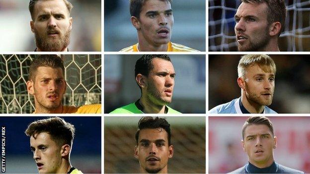 Port Vale's nine goalkeepers in 2017 (top row, from left): Jak Alnwick, Miguel Santos, Ryan Boot (middle row) Leo Fasan, Deniz Mehmet, Rob Lainton, (bottom row) Sam Hornby, Kelle Roos, Dimi Evtimov