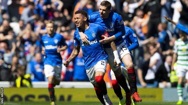 James Tavernier celebrates scoring against Celtic last season