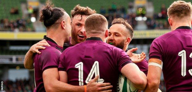 Ireland celebrate Andrew Conway's first try