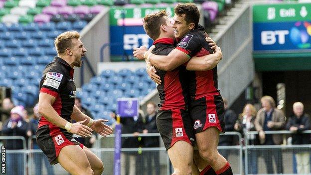 Edinburgh celebrate Tom Brown's match-winning try at Murrayfield