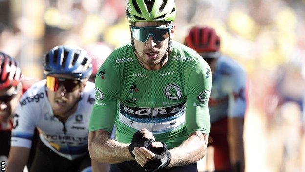 Peter Sagan celebrates winning stage six of the 2019 Tour de France