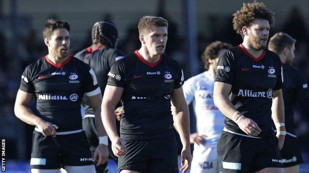 Saracens players Sean Maitland (left), Owen Farrell (centre) and Duncan Taylor (right) during their Champions Cup win over Racing 92