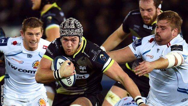 Dan Lydiate makes a break for Ospreys against Exeter chiefs