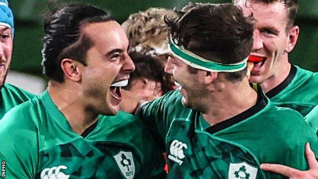 James Lowe (left) enjoyed a try-scoring debut for Ireland against Wales