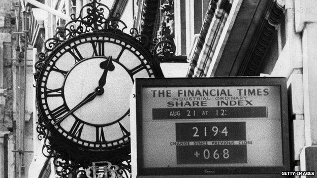 circa 1965: The London Stock Exchange's Financial Times Share Index board