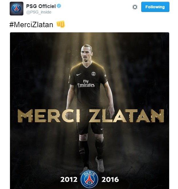 Shortly after Ibrahimovic's tweet, PSG took to social media to issue thanks to the Swede