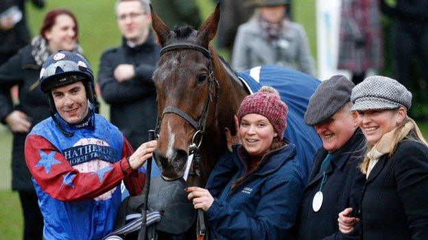 Winning team: Paisley Park with jockey Aidan Coleman, owner Andrew Gemmell and trainer Emma Lavelle