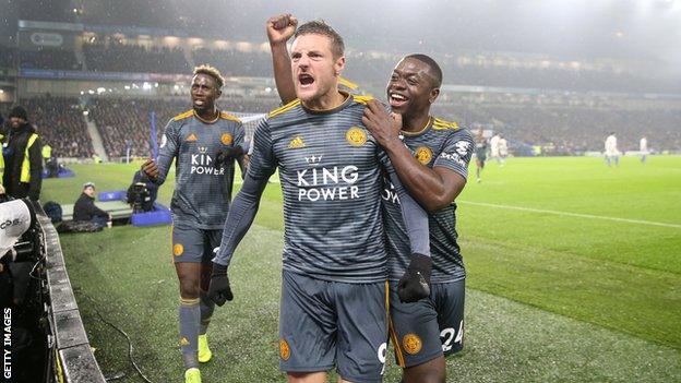 Jamie Vardy celebrates scoring Leicester's equaliser against Brighton in the Premier League.