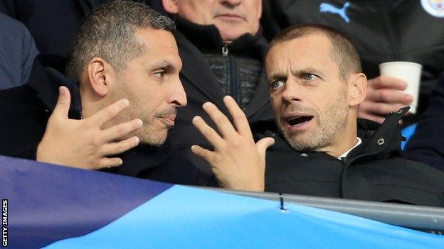 Manchester City chairman Khaldoon al-Mubarak (left) and Uefa president Aleksander Ceferin