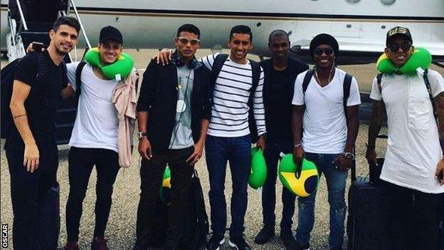 Left to right: Oscar, Philippe Coutinho, Thiago Silva, Marquinhos, Fernandinho, Willian and Roberto Firmino