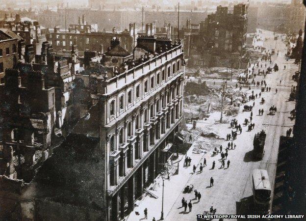 Aerial view of the damage caused to Dublin's Imperial hotel and Clery's department store, looking southward from Nelson's Pillar