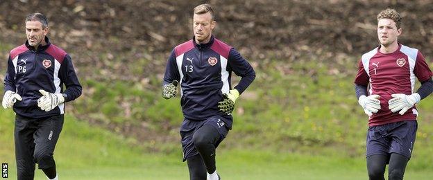 Hearts goalkeepers Paul Gallacher, Viktor Noring and Jack Hamilton