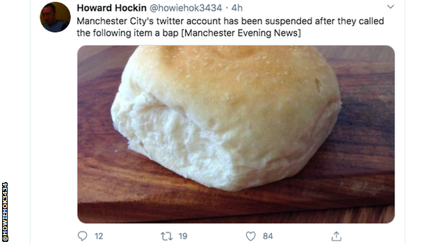 Twitter user suggests Man City account suspended for calling this breaded item a bap.