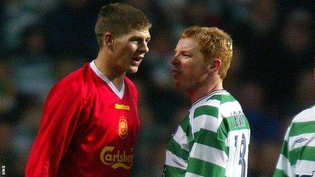 Neil Lennon squares up to Steven Gerrard during Celtic's 2003 Uefa Cup quarter-final