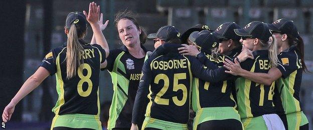 Australia celebrate their semi-final victory over England