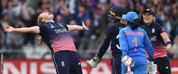 Anya Shrubsole celebrates at the World Cup final