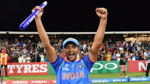 India captain Prithvi Shaw celebrates winning the Under-19 World Cup