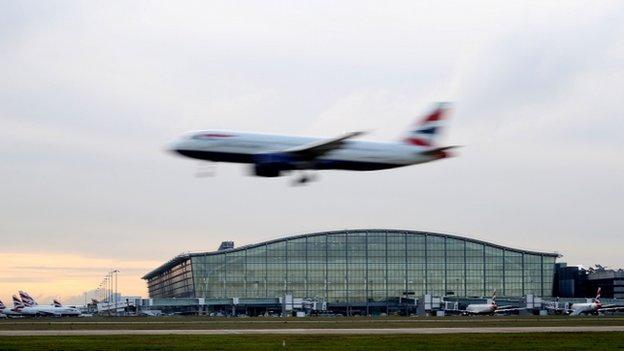 Plane flying over Heathrow airport