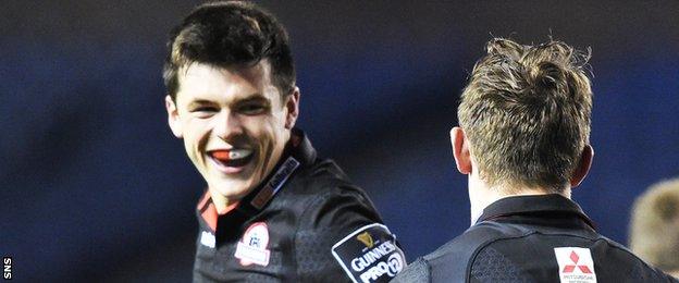 Blair Kinghorn celebrates Magnus Bradbury's try against Leinster