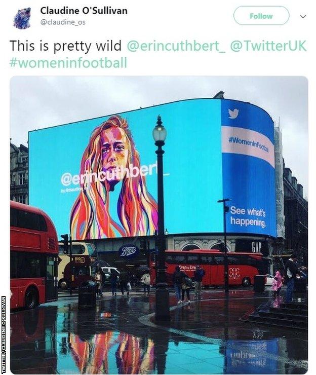 A tweet by Claudine O'Sullivan featuring a picture of a mural of Erin Cuthbert