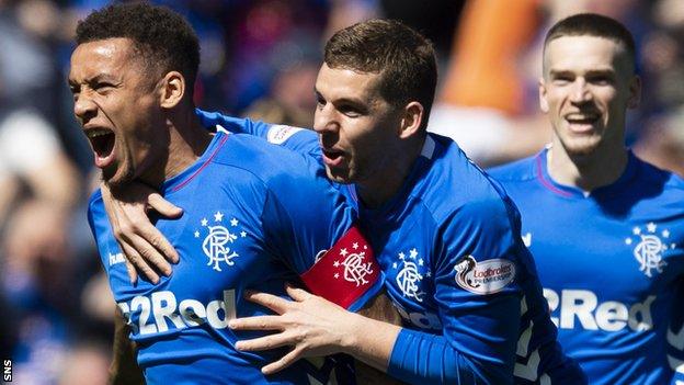 James Tavernier celebrates the opening goal with Jon Flanagan