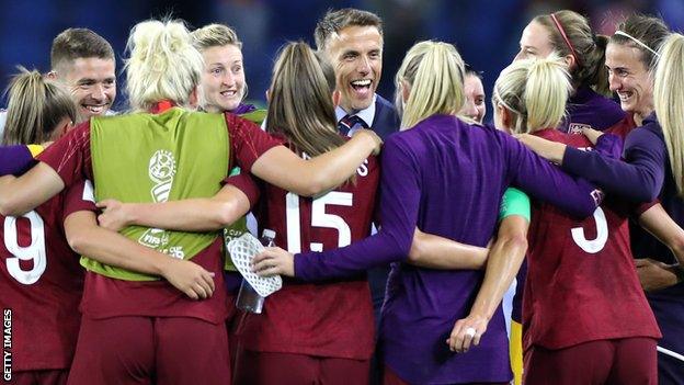 England women manager Phil Neville celebrates with his players